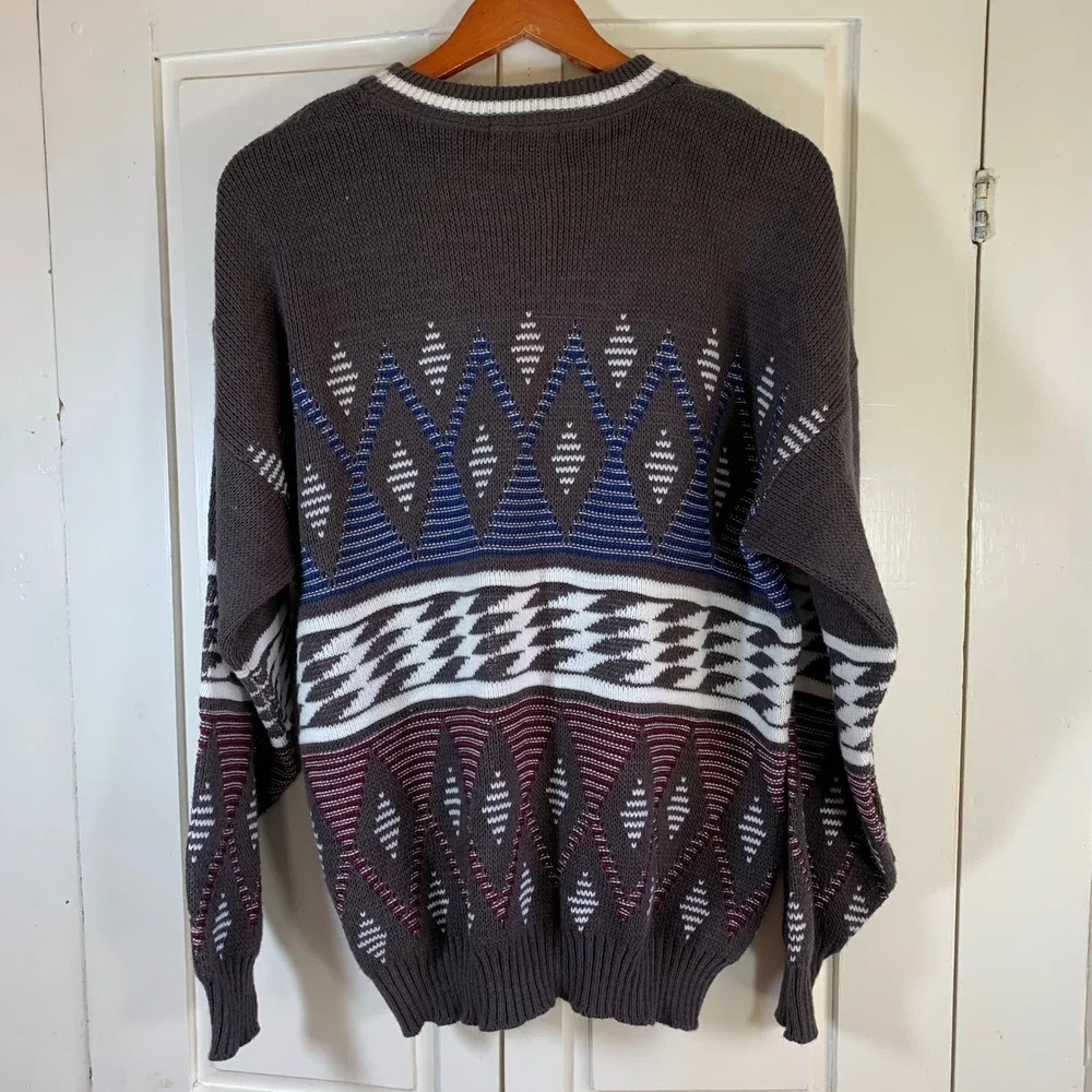 Vintage Towncraft Aztec Pattern Knit Sweater Mens XL USA RetroGray Blue Burgundy